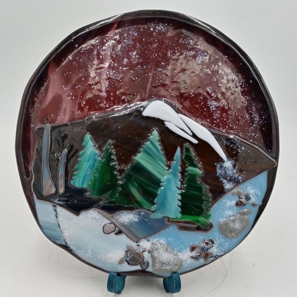 Mountain Landscape Fused Glass Art Winter Snow Tree Forest OOAK Round Plaque - Picture 10 of 11